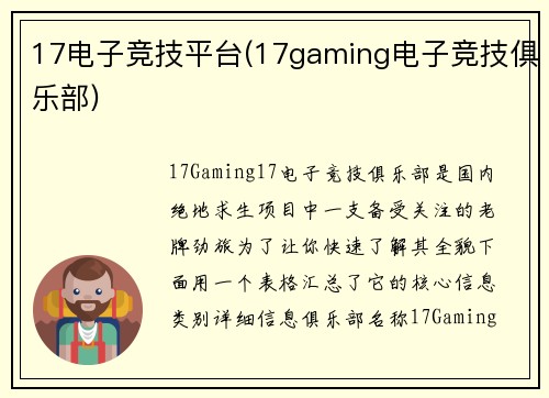 17电子竞技平台(17gaming电子竞技俱乐部)